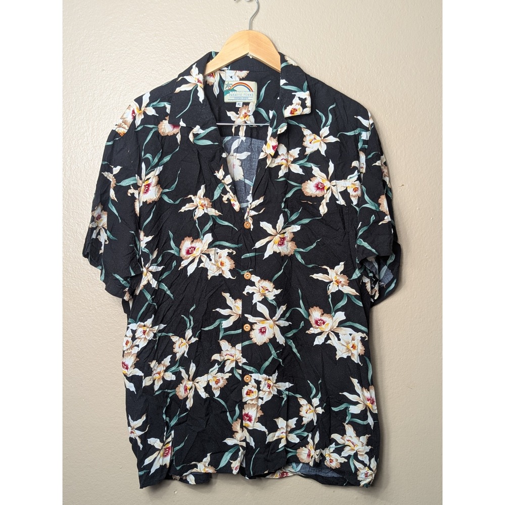 Paradise Found Button Down Shirt Mens XL Black Hawaiian Orchid Floral Aloha Camp
